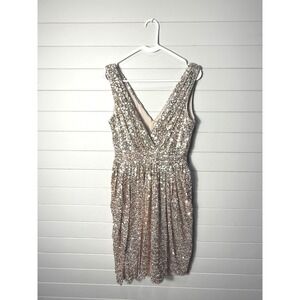 Badgley Mischka Collection Gold‎ Sequin V-Neck Cocktail Dress Size 6 BM53_6